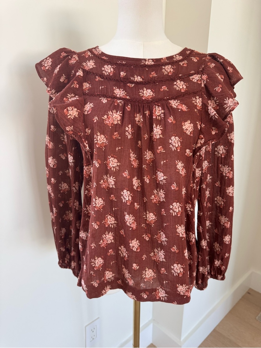 Madewell Rust Floral Ruffle Long-Sleeve Blouse Boho Lace Cottagecore Garden